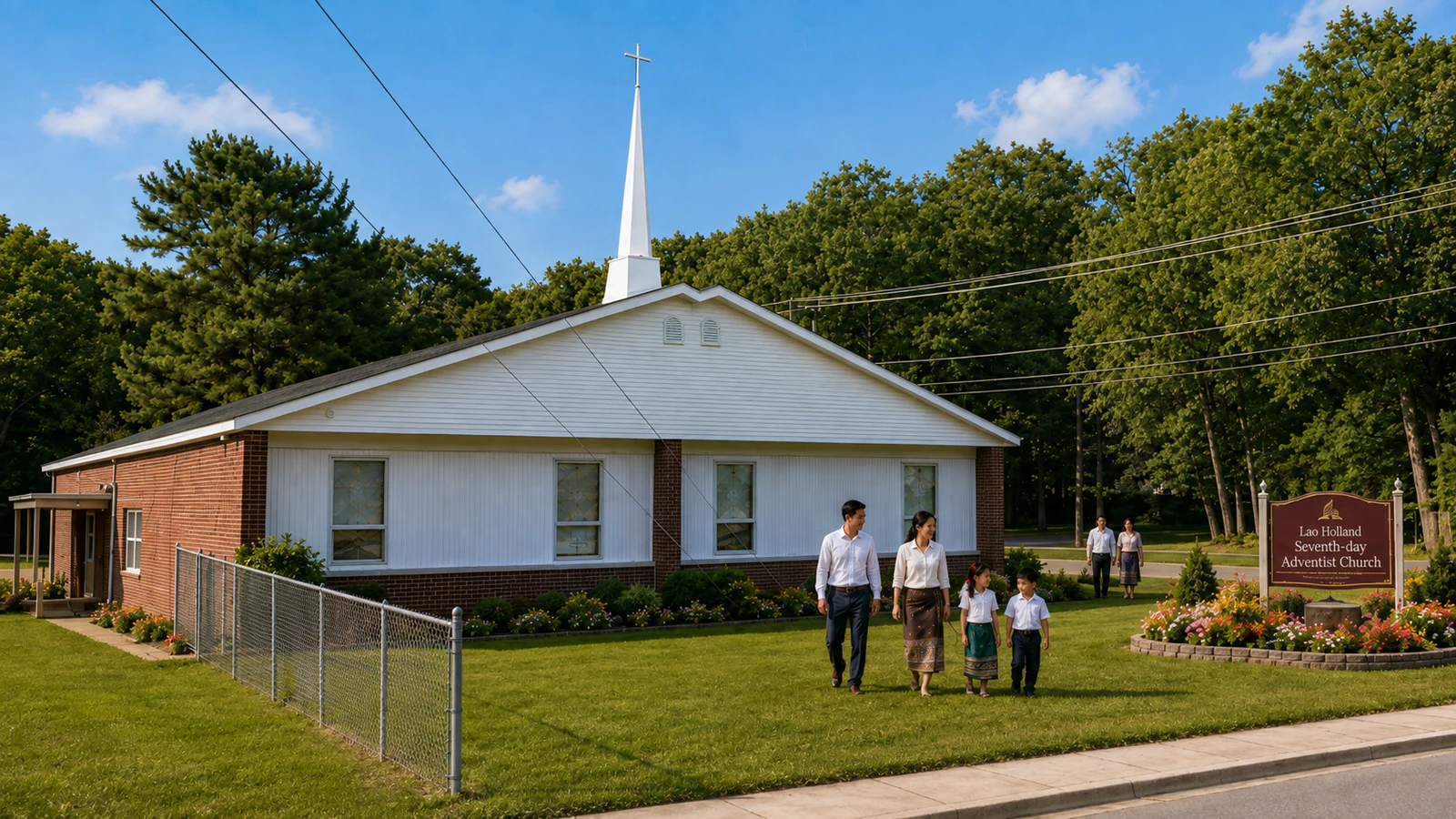 The Lao Holland Seventh-day Adventist Church building, with a family walking across the front lawn